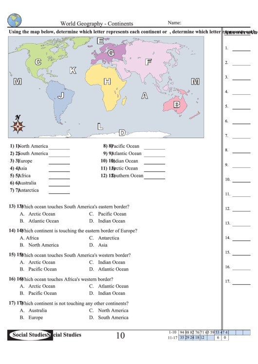 World Geography - Continents Worksheet With Answer Key Printable pdf