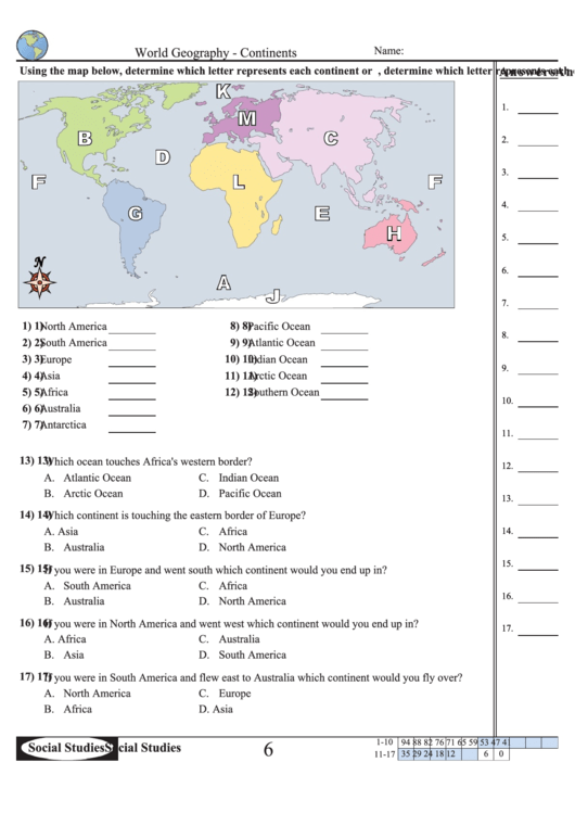 World Geography Continents Worksheet With Answer Key Printable Pdf