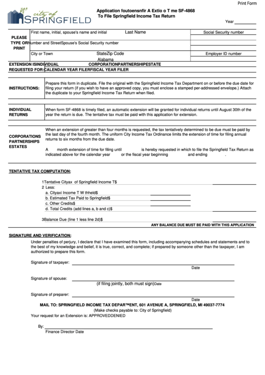 Fillable Form Sf- 4868 - Application For Auto Extension Of Time To File Springfield Income Tax Return Printable pdf