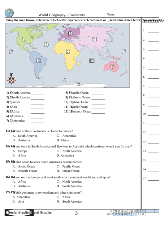 Continents And Oceans Of The World Worksheet Answers