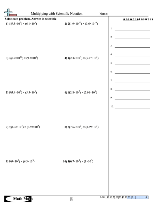 Multiplying With Scientific Notation - Math Worksheet With Answer Key