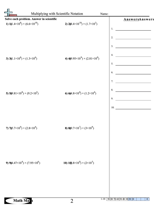 Multiplying With Scientific Notation - Math Worksheet With Answer Key Printable pdf