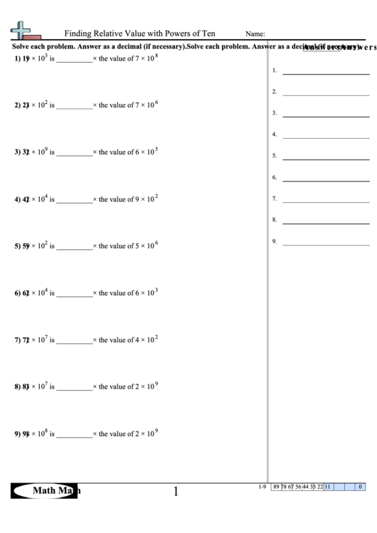 Finding Relative Value With Powers Of Ten - Math Worksheet With Answer Key Printable pdf