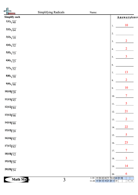 Simplifying Radicals - Math Worksheet With Answer Key Printable pdf