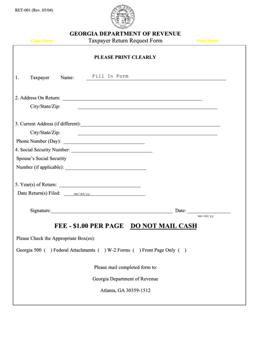 Fillable Form Ret-001 - Taxpayer Return Request Form Printable pdf