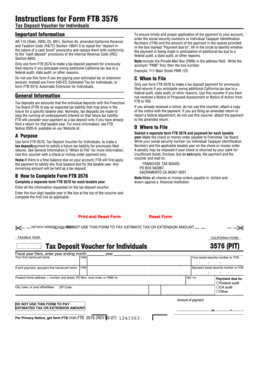 Fillable Form Ftb 3576 - Tax Deposit Voucher For Individuals 2007 Printable pdf