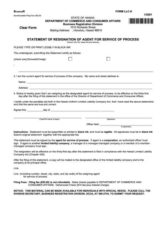 Fillable Form Llc-8 - Statement Of Resignation Of Agent For Service Of Process 2001 Printable pdf