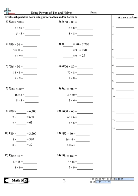 Using Powers Of Ten And Halves - Math Worksheet With Answer Key Printable pdf