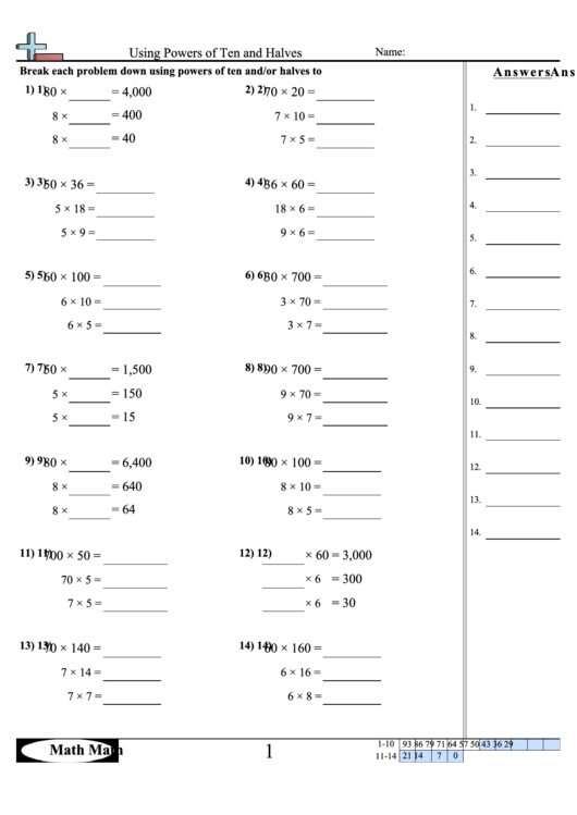 Using Powers Of Ten And Halves Math Worksheet With Answer Key