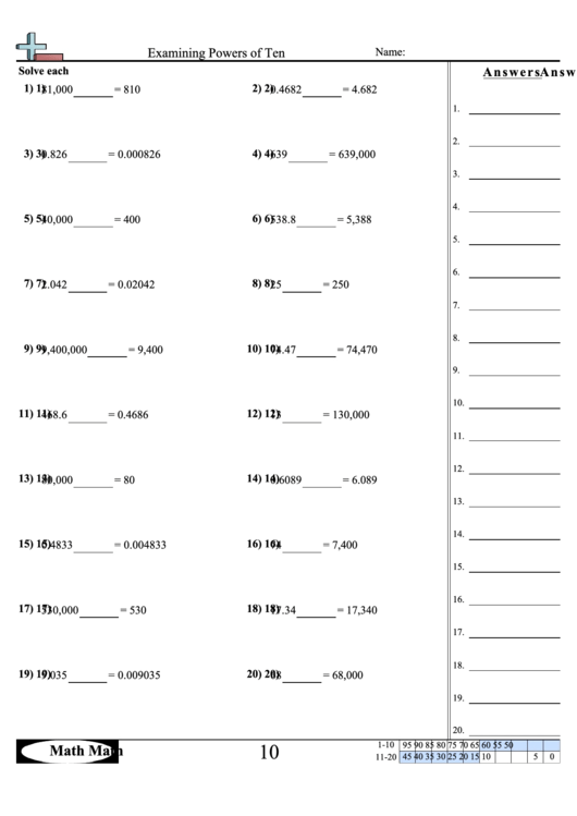 Examining Powers Of Ten - Math Worksheet With Answer Key Printable pdf