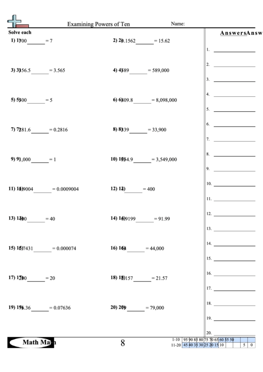 Examining Powers Of Ten - Math Worksheet With Answer Key Printable pdf
