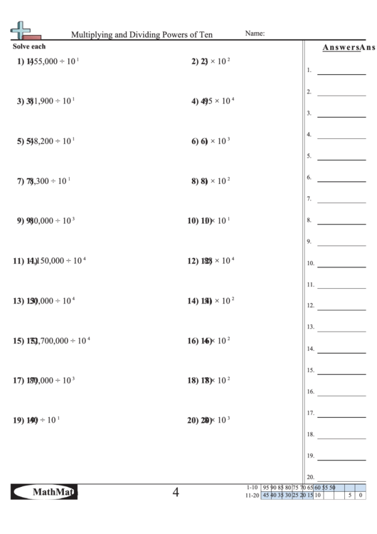 Multiplying And Dividing Powers Of Ten - Math Worksheet With Answer Key Printable pdf