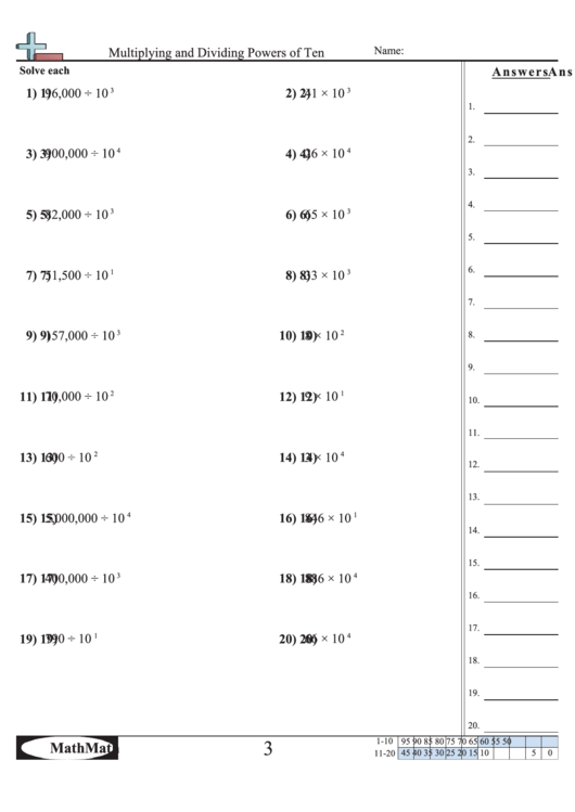 Multiplying And Dividing Powers Of Ten - Math Worksheet With Answer Key Printable pdf