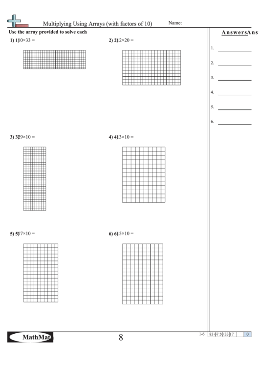 Multiplying Using Arrays (With Factors Of 10) - Math Worksheet With Answer Key Printable pdf