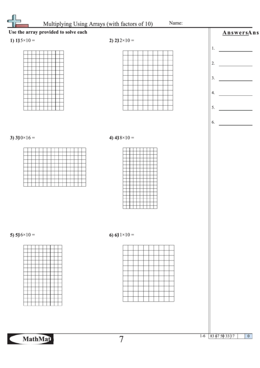 Multiplying Using Arrays (With Factors Of 10) - Math Worksheet With Answer Key Printable pdf