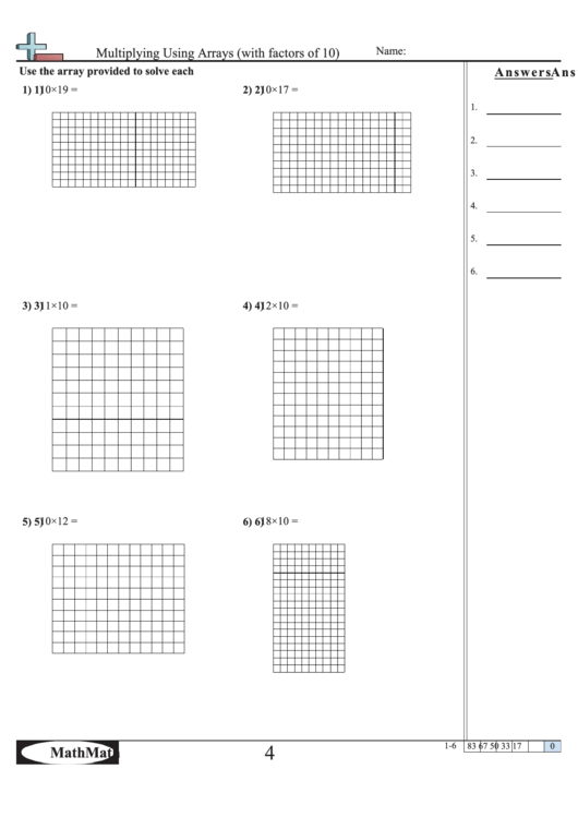 Multiplying Using Arrays (With Factors Of 10) - Math Worksheet With Answer Key Printable pdf
