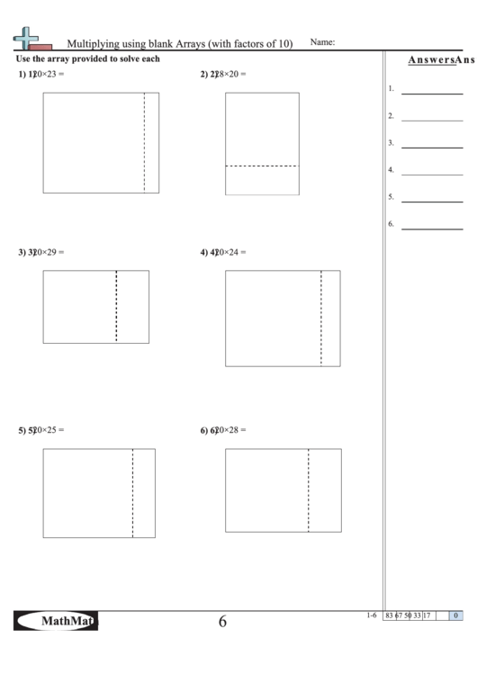 Multiplying Using Blank Arrays (With Factors Of 10) - Math Worksheet With Answer Key Printable pdf