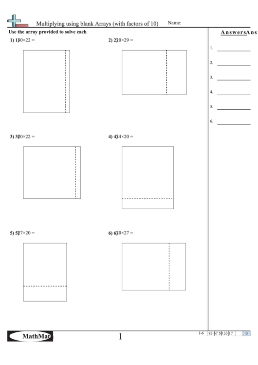 Multiplying Using Blank Arrays (With Factors Of 10) - Math Worksheet With Answer Key Printable pdf