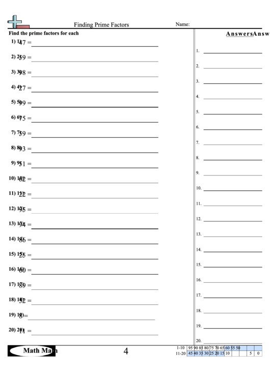 Finding Prime Factors - Math Worksheet With Answer Key Printable pdf