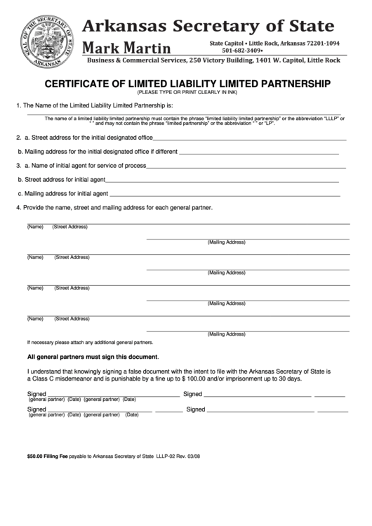 Form Lllp-02 - Certificate Of Limited Liability Limited Partnership - 2008 Printable pdf