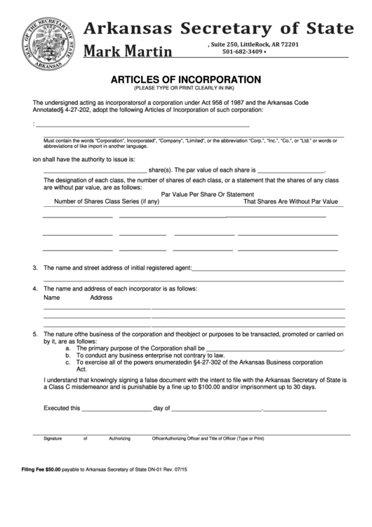 Fillable Form Dn-01 - Articles Of Incorporation 2015 Printable pdf