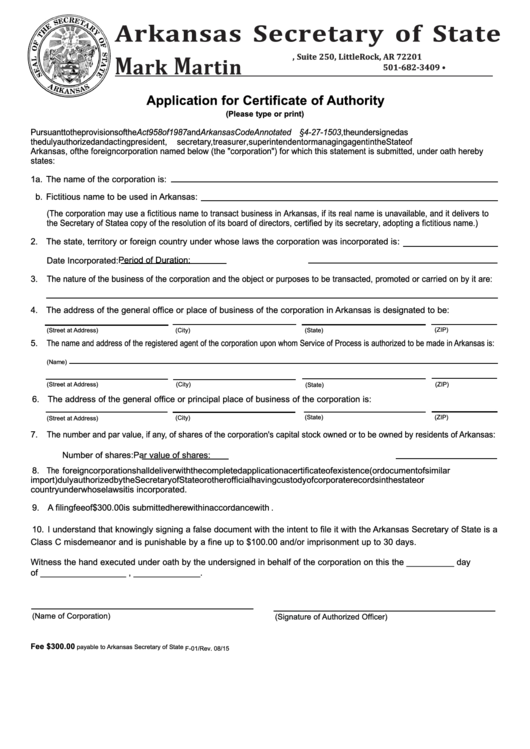 Fillable Form F-01 - Application For Certificate Of Authority - 2015 Printable pdf