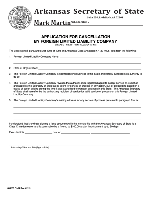 Fillable Form Fl-04 - Application For Cancellation By Foreign Limited Liability Company 2015 Printable pdf