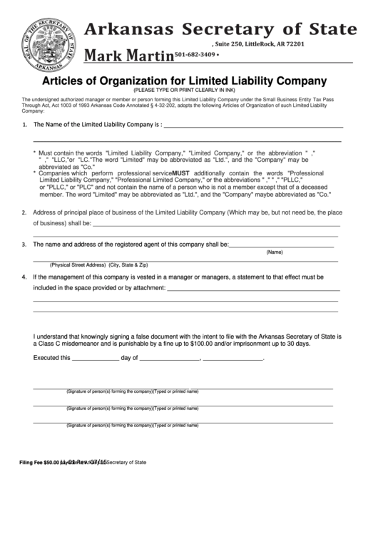 Fillable Form Ll-01 - Articles Of Organization For Limited Liability Company - 2015 Printable pdf