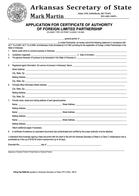 Fillable Form Lpf-01 - Application For Certificate Of Authority Of Foreign Limited Partnership - 2015 Printable pdf