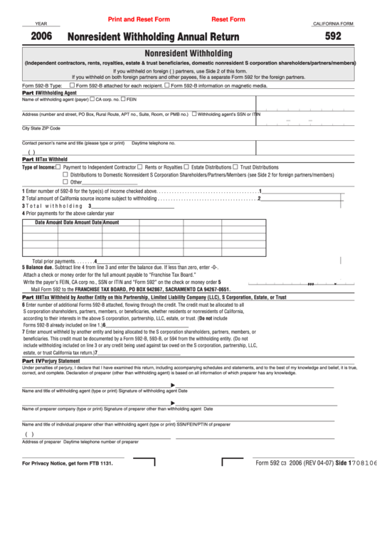 Fillable California Form 592 - Nonresident Withholding Annual Return - 2006 Printable pdf