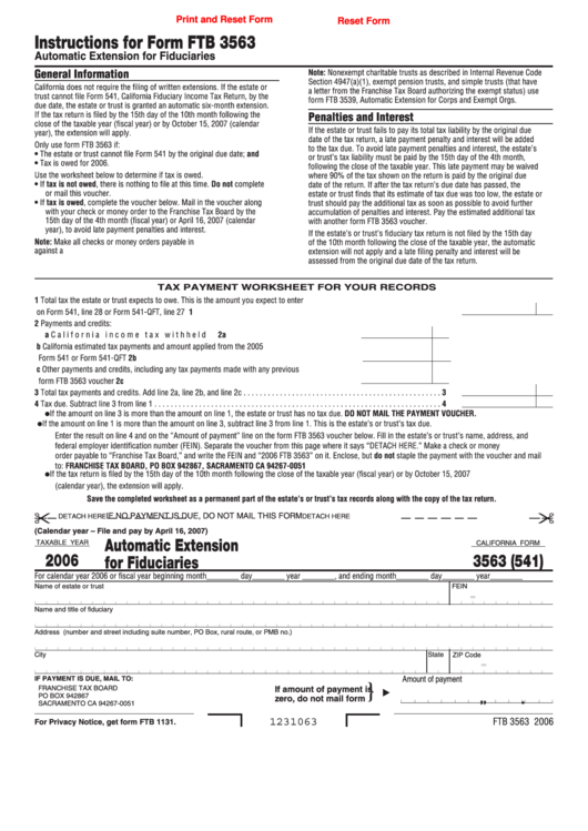 Fillable California Form 3563 (541) - Automatic Extension For ...