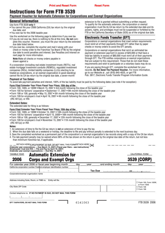Fillable Form Ftb 3539 - Payment Voucher For Automatic Extension For Corporations And Exempt Organizations Printable pdf