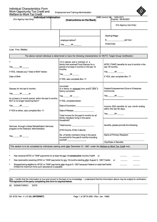 Form Eta-9061 - Individual Characteristics Form Work Opportunity Tax Credit And Welfare-To-Work Tax Credit 1998 Printable pdf