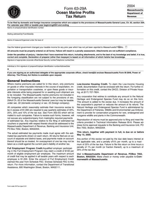 Form 63-29a - Ocean Marine Profits Tax Return - 2004 Printable pdf