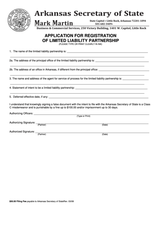 Application For Registration Of Limited Liability Partnership - Arkansas Secretary Of State Printable pdf