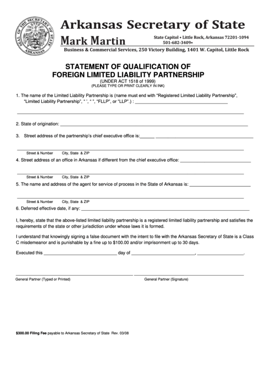 Statement Of Qualification Of Foreign Limited Liability Partnership - Arkansas Secretary Of State Printable pdf