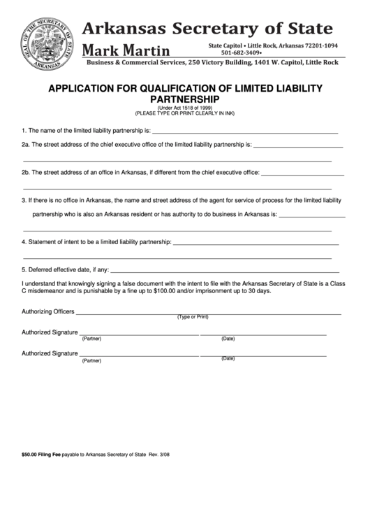 Application For Qualification Of Limited Liability Partnership - Arkansas Secretary Of State Printable pdf