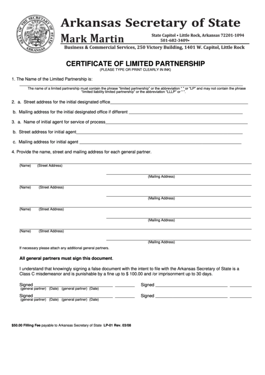 Form Lp 01 Certificate Of Limited Partnership 2008 printable pdf