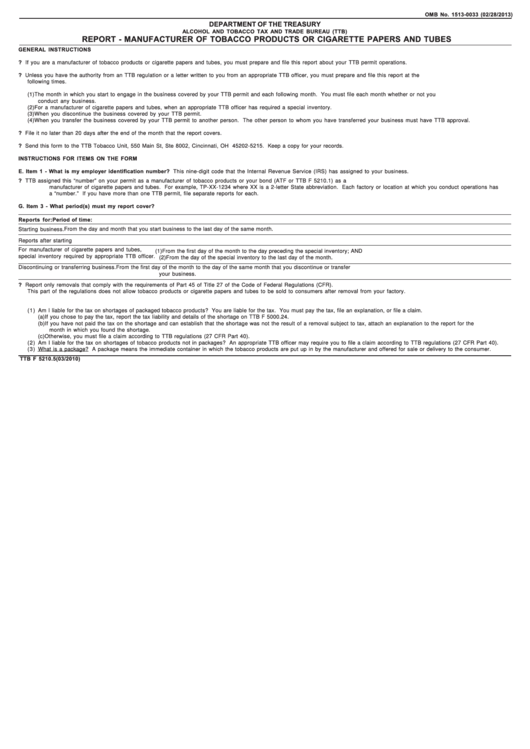 Fillable Form Ttb F 5210.5 - Report - Manufacturer Of Tobacco Products Or Cigarette Papers And Tubes 2010 Printable pdf