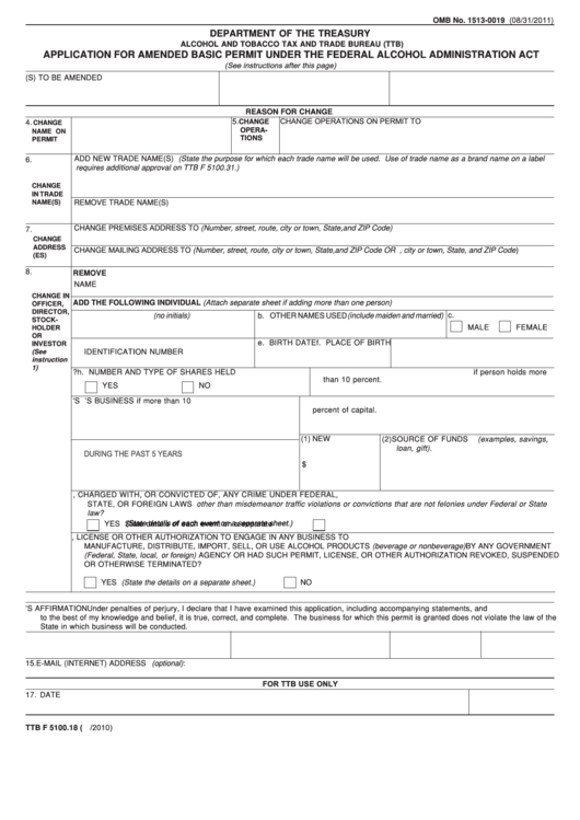 Fillable Form Ttb F 5100.18 - Application For Amended Basic Permit Under The Federal Alcohol Administration Act 2010 Printable pdf