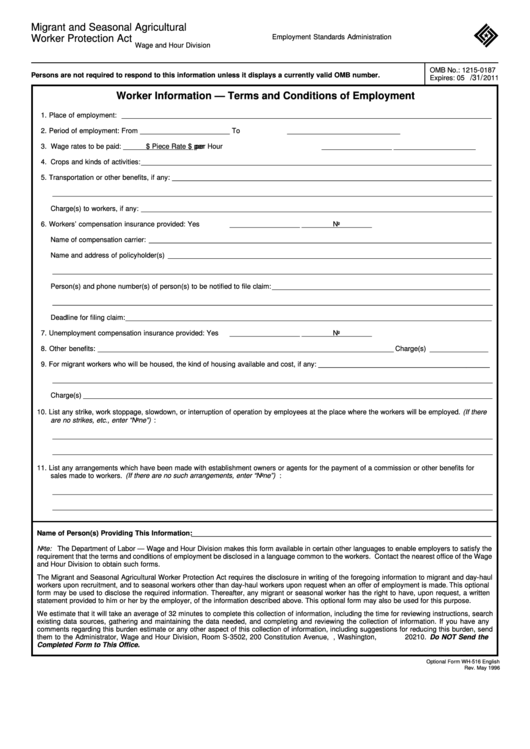 Fillable Optional Form Wh-516 - Migrant And Seasonal Agricultural Worker Protection Act Printable pdf