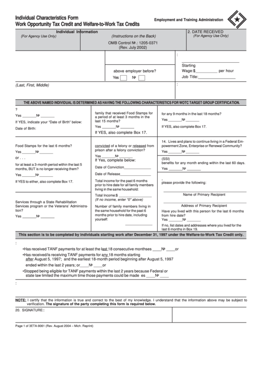 Form Eta-9061 - Individual Characteristics Form Work Opportunity Tax Credit And Welfare-to-work Tax Credits 2004
