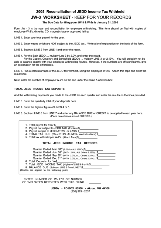 Form Jw-3 - Reconciliation Of Jedd Income Tax Withheld - 2005 Printable pdf
