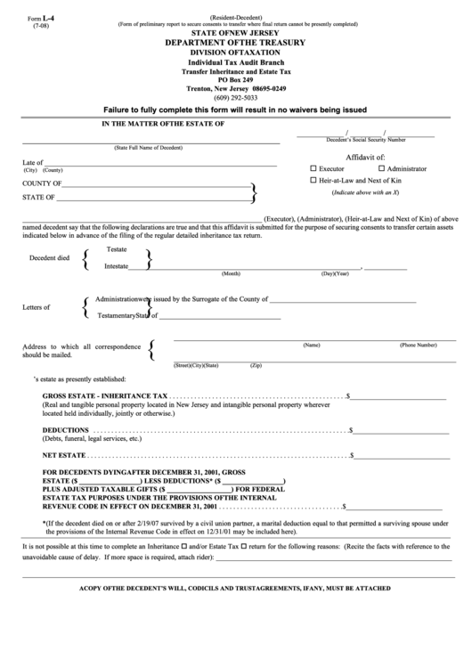 Fillable Form L-4 - Individual Tax Audit Branch Transfer Inheritance And Estate Tax - 2008 Printable pdf