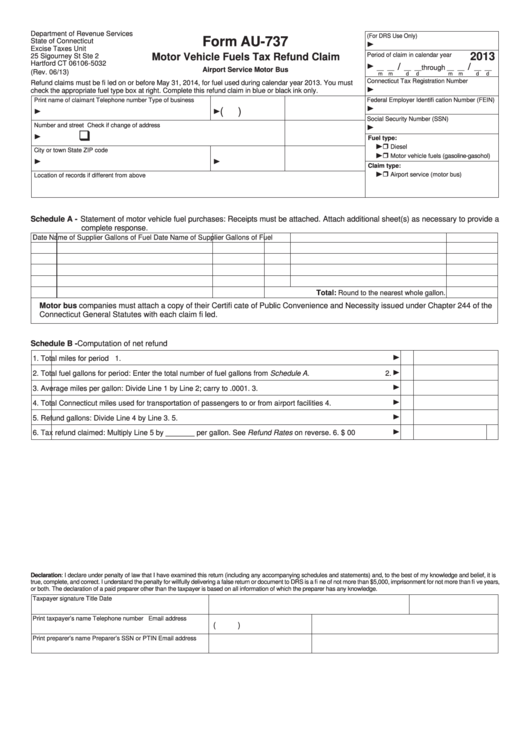 Form Au-737 - Motor Vehicle Fuels Tax Refund Claim - 2013 Printable pdf