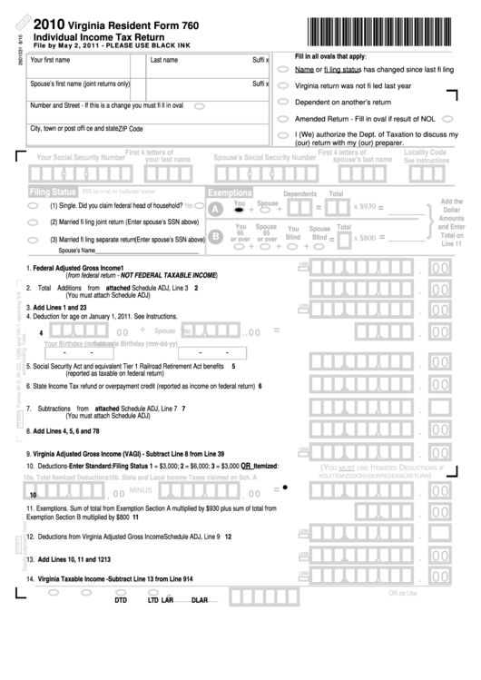 Virginia Resident Form 760 Web - Individual Income Tax Return - 2010 Printable pdf