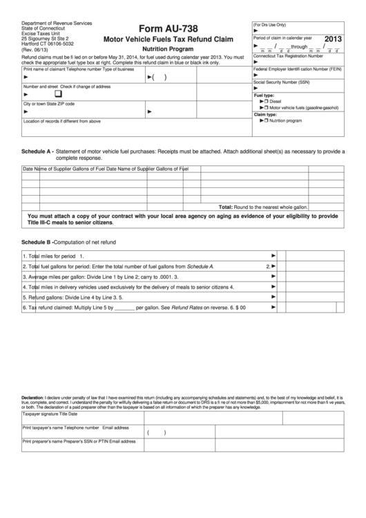 Form Au-738 - Motor Vehicle Fuels Tax Refund Claim - 2013 Printable pdf