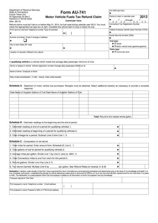 Form Au-741 - Motor Vehicle Fuels Tax Refund Claim - 2013 Printable pdf