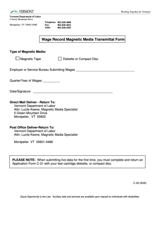 Form C-32 - Wage Record Magnetic Media Transmittal Form Printable pdf