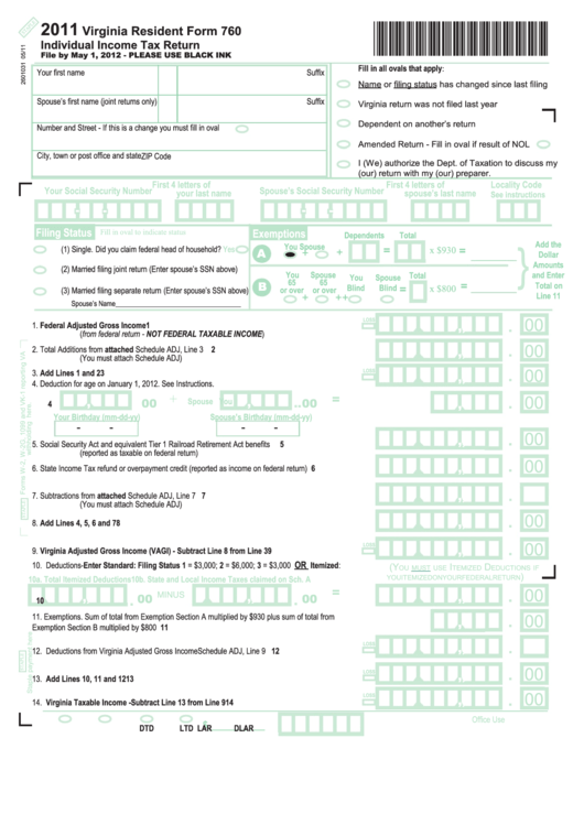 Virginia Resident Form 760 Individual Income Tax Return 2011 Printable Pdf Download